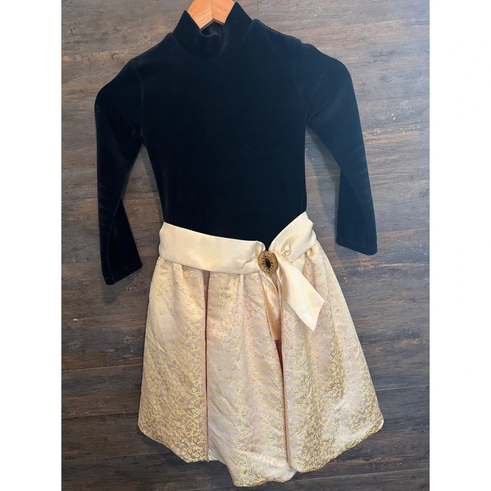 American Girl Girls Black Velvet Gold Scroll Holiday Party Dress Size 6 630107